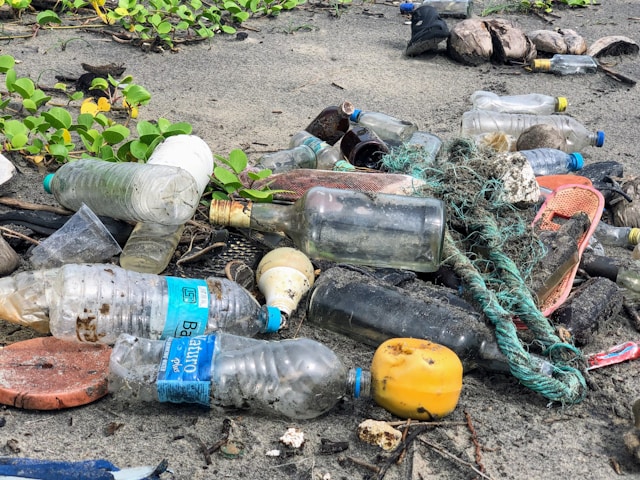 Plastic garbage on a beach. 