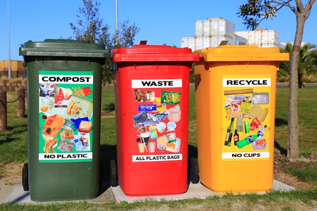 Three bins with different colours, one for compost, one for waste and one for recycling. 